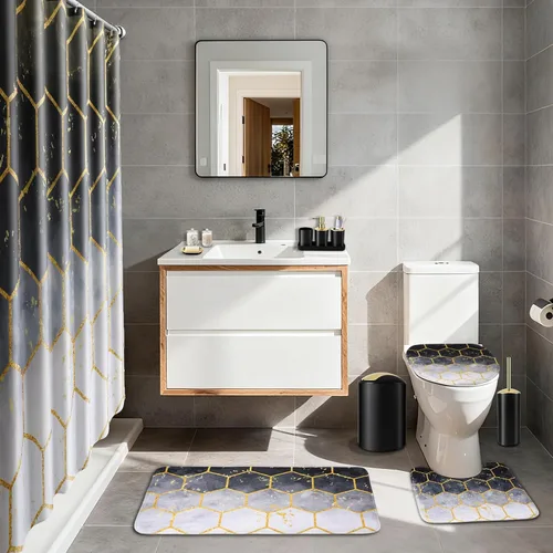 Vista 7 de BSSN Juego de 25 accesorios de baño negros y dorados con cortina de ducha y alfombras, basura, cepillo de inodoro, dispensador de jabón, soporte