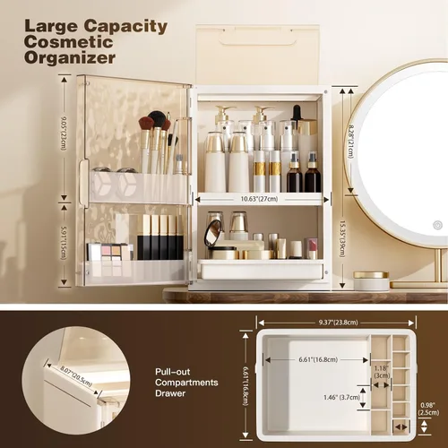 Vista 5 de Organizador de maquillaje con cajones, organizador de cuidado de la piel para tocador, vitrina grande de cosméticos con asa, organizadores