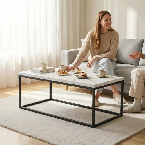 Vista 3 de CENSI - Mesa de centro de mármol blanco de 40 pulgadas, tamaño mediano Mesa de cóctel rectangular industrial de 1.2 pulgadas extra gruesa, patas