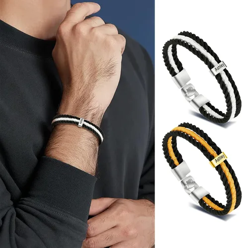Vista 78 de Pulseras de cuero personalizadas para hombre con 1-6 nombres, pulsera trenzada personalizada con cuentas para papá, marido, día del padre, San