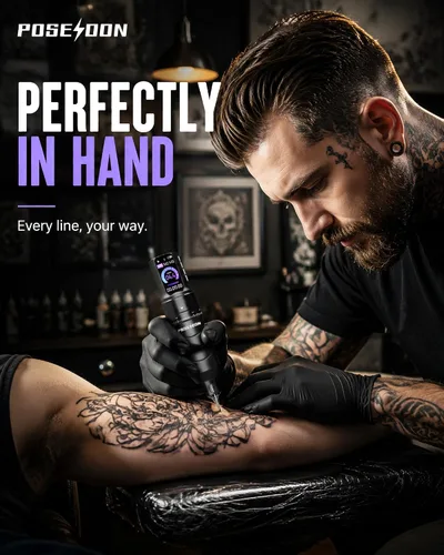 Vista 6 de Poseidon Kit de pistola de tatuaje inalámbrico 7 tiempos 2300mAh batería Negro-144