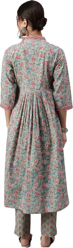Vista 6 de Janasya Kurta con estampado floral de algodón verde mar para mujer india con pantalón