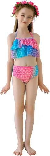 Vista 4 de Traje de baño novedoso con cola de sirena y aleta para niñas, 4 piezas