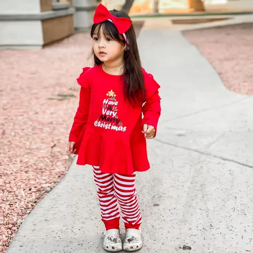Vista 2 de Conjunto de ropa de Navidad con estampado de Papá Noel para niñas pequeñas, conjunto de ropa de Navidad de 3 piezas