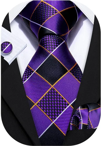 Vista 89 de Barry.Wang Juego de corbatas a cuadros para hombre con pañuelo gemelos de rayas clásicas