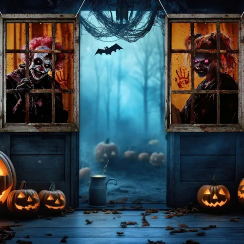 Vista 2 de SmoothNovelty 4 Pack Halloween Window Decorations Halloween Clown Curtain Scary Window Silhouettes Cover, Horror Clown with Blood for Garage Door