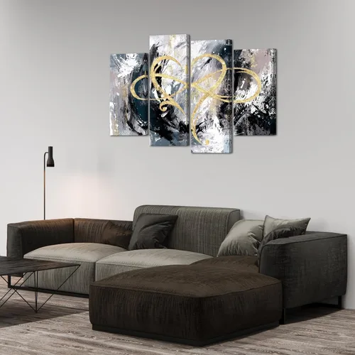 Vista 4 de iHAPPYWALL Lienzo de 4 paneles con diseño de corazón infinito, arte abstracto de amor eterno, geométrico, gris y dorado, para dormitorio, sala