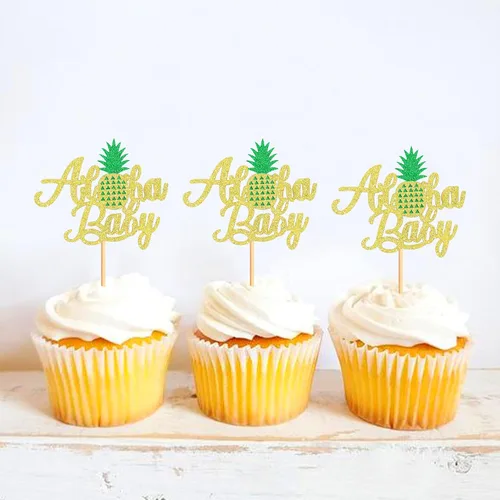 Vista 4 de Ercadio Aloha - Paquete de 24 adornos para cupcakes de piña con purpurina Hawaii Aloha Baby Cupcake Picks Hawaiian Luau Tropical Summer Aloha