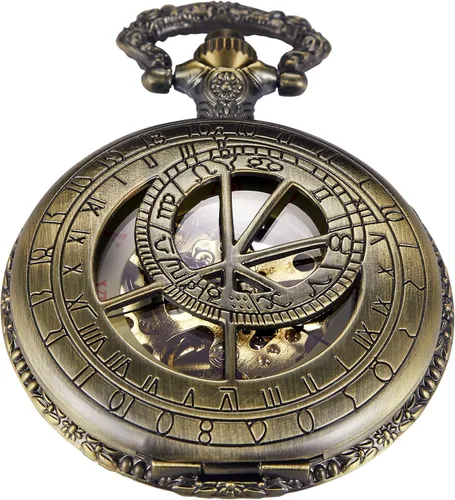 Vista 11 de Bronze Retro Mechanical Pocket Watch Skeleton Roman Numerals Hollow Mechanical Pocket Watches with Box M100