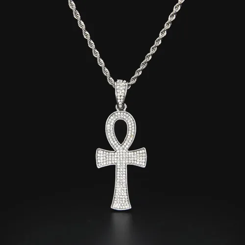 Vista 5 de ZeaLian Collar de cruz de circonita, hip hop, chapado en oroplata, cristal egipcio, collar de cruz de cristal egipcio copto Ankh, joyería