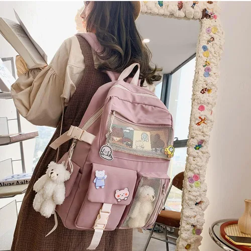 Vista 7 de Mochila kawaii con bonito pin y accesorios, linda mochila kawaii para mochila escolar, mochila kawaii para niña, Negro