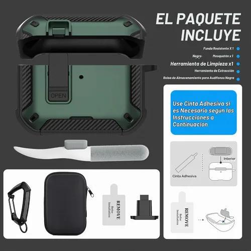 Vista 8 de Maxjoy Funda para AirPods Pro 3 2025, MagSafe compatible con bloqueo automático, funda protectora a prueba de golpes con soporte para teléfono Verde