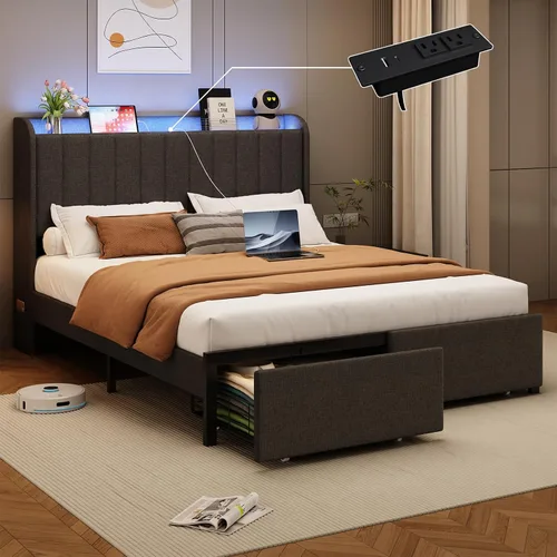 Vista 10 de Marco de cama completa con 4 cajones y cabecera de almacenamiento, marco de cama de plataforma tapizada tamaño completo con luces LED y práctica