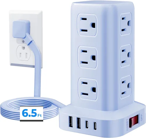Vista 23 de Regleta de alimentación con 12 tomas, 4 USB (1 USB C), cable de extensión de 6.5 pies con múltiples tomas, estación de carga, torre de regleta