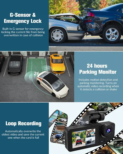 Vista 2 de 3 Channel Dash Cam Front and Rear Inside,1080P Full HD 170 Deg Wide Angle Dashboard Camera with 32GB SD Card,2.0 inch IPS Screen,Built in IR Night