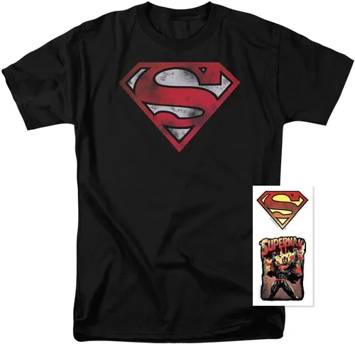 Vista 2 de Popfunk Camiseta y pegatinas clásicas de Superman con logotipo desgastado S Shield negro
