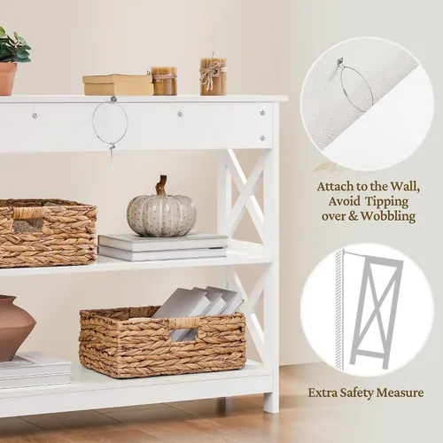 Vista 5 de Yaheetech Mesa consola con cajón, mesa de entrada de 3 niveles con estantes de almacenamiento, mesa de sofá estrecha de madera para Blanco