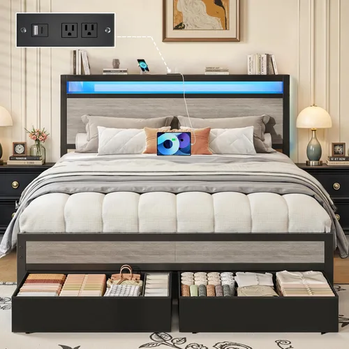 Vista 11 de Fluest - Base de cama individual con cabecero de almacenamiento y cajón de almacenamiento, estación de carga y luz LED, no necesita somier, sin