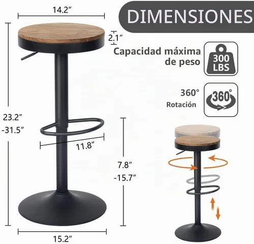 Vista 3 de Kidol & Shellder - Juego de 2 taburetes de bar ajustables giratorios sin espalda, modernos y redondos de madera, sillas de barra de altura sin