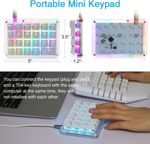 Vista 2 de Koolertron Teclado mecánico macro con una sola mano, mini teclado mecánico portátil para juegos con una sola mano, 23 teclas totalmente programables