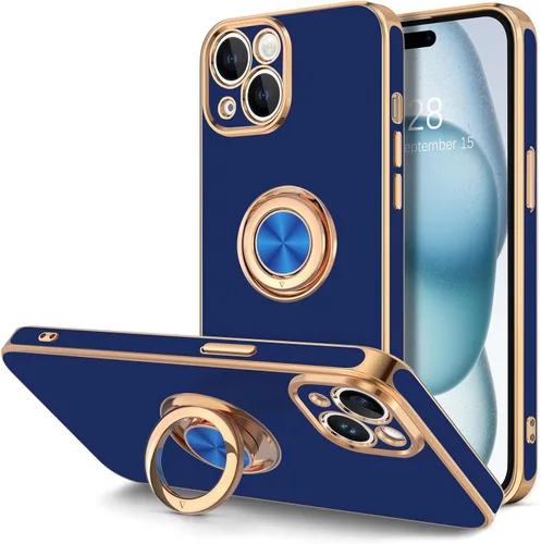 Vista 11 de Hython Funda para iPhone 15 con Soporte de Anillo, Soporte de Anillo Giratorio de 360° Soporte Magnético, Borde Chapado en Oro Rosa Cubierta Suave