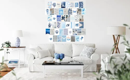 Vista 7 de Arte de pared de surf costero de playa, juego de 50 pósteres e impresiones de collage sin marco, decoración de pared de playa retro azul, decoración