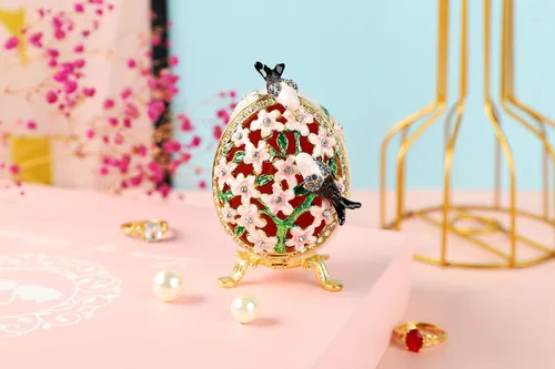 Vista 11 de Cajas de joyería con forma de huevo de Pascua azul con bisagras con diamantes de imitación en forma de amor, esmalte de regalo para mujeres