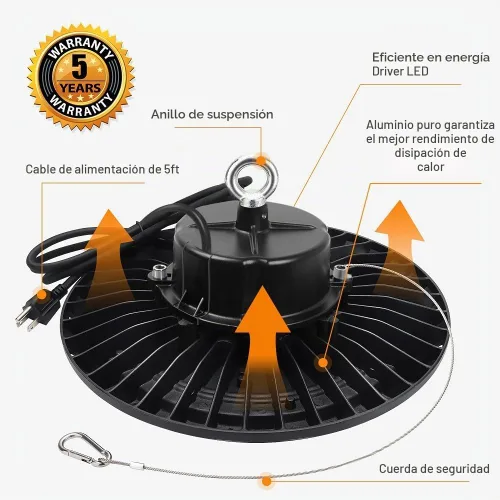 Vista 5 de Luz LED de alta bahía UFO de 100 W, 15000 lm, 5000 K, IP65, UL Aprobada, cable de 5 pies con enchufe de EE. UU. Alternativa a 400 W MH/HPS