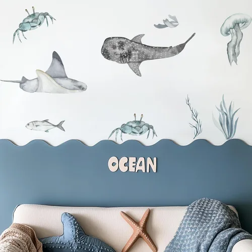 Vista 7 de Calcomanías de pared de océano para guardería, calcomanías grandes Marine Animal-a