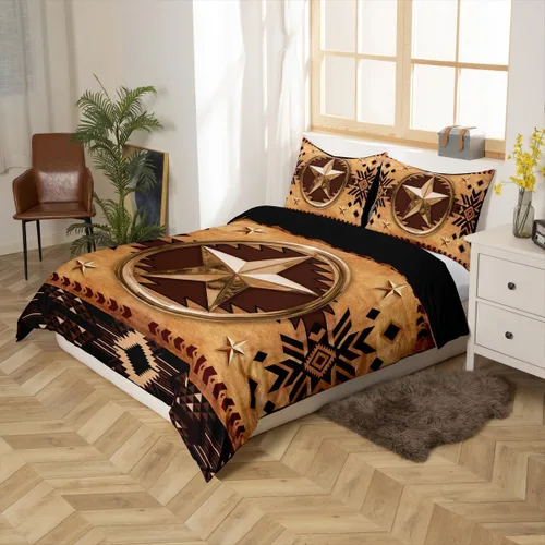 Vista 2 de Feelyou Texas Star - Juego de funda de edredón tamaño individual, diseño bohemio de vaquero para niños y niñas, funda de edredón azteca del salvaje