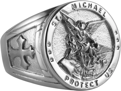 Vista 2 de HZMAN - Anillo de San Miguel, El Gran Arcángel protector derrotando a Satanás, estatuilla de acero inoxidable