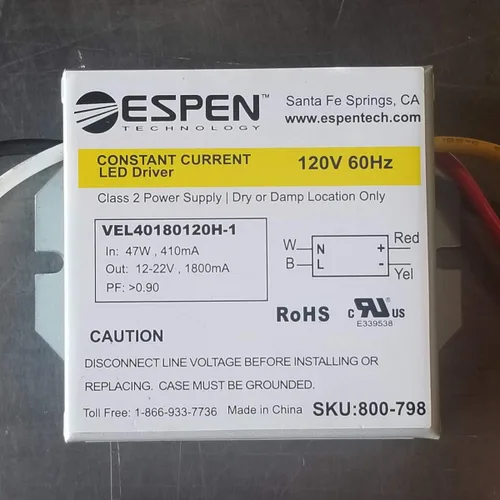 Vista 2 de Espen Controlador LED VEL40180120H-1 Corriente constante, 40W, entrada de 120V, voltaje de salida 12-22V.