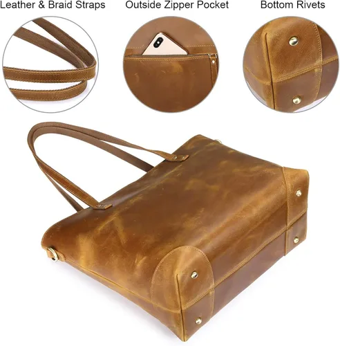 Vista 6 de S-ZONE - Bolso de mano de piel auténtica vintage para portátil, Bolsa de trabajo para mujeres con bolsillo trasero con cremallera