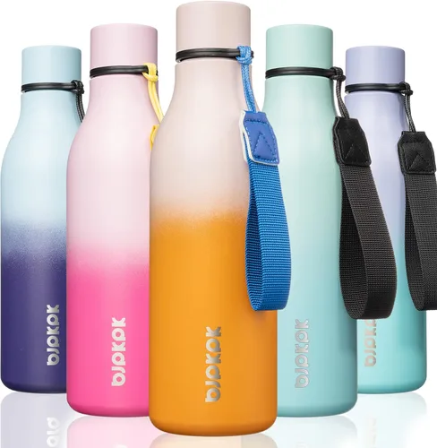 Vista 17 de BJPKPK Botellas de agua aisladas, botella de agua de metal de acero inoxidable de 12 onzas con correa, sin BPA a prueba de fugas, jarras, tazas