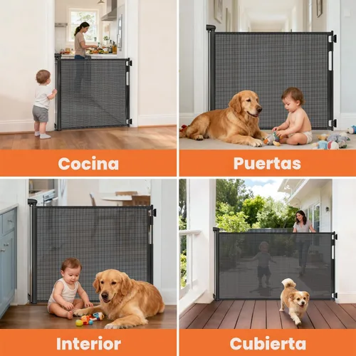 Vista 7 de Puertas retráctiles para bebés para puertas, puerta de malla para perros para escaleras, puerta para mascotas interior, se extiende a 55" de ancho