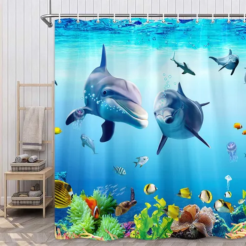 Vista 3 de Cortina de ducha con diseño de delfín, peces animales del océano para niños, paisaje del mundo submarino de fantasía azul, 72 x 72 pulgadas, juego