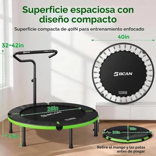Vista 8 de BCAN 40"/38" Foldable Mini Trampoline, Rebounder Trampoline for Adults, U/T Adjustable Foam Handle, Exercise Rebounder for Adults Indoor/Garden