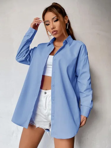 Vista 5 de SheIn Blusa casual de manga larga con botones y hombros caídos para mujer