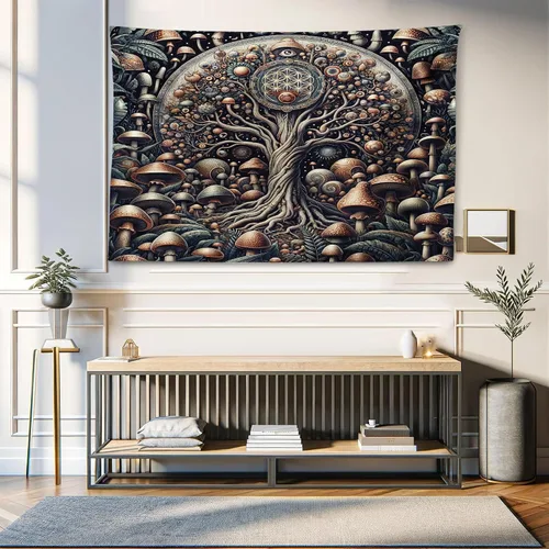 Vista 176 de Ambesonne Tapiz hippie, abrazo de hongos de ensueño y árbol de la vida místico y mandal verde, decoración de tela para colgar en la pared