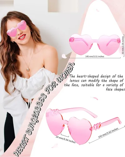 Vista 5 de Lentes de sol con forma de corazón para mujer, lentes de sol con forma de corazón y pierna sin montura para despedida de soltera, regalos de boda