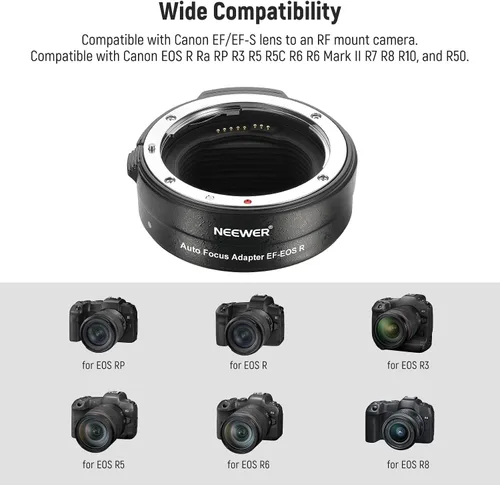 Vista 2 de NEEWER Adaptador de montaje EF a EOS R, lente EF/EF-S a cámara de montaje RF, anillo convertidor de enfoque automático compatible con Canon EOS R Ra
