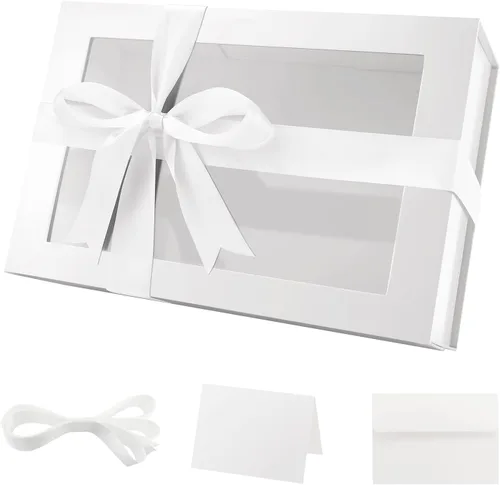 Vista 38 de PACKQUEEN Caja de regalo grande negra con ventana, 13.5 x 9 x 4.1 pulgadas, caja de regalo transparente para regalo, contiene cinta, tarjeta, caja