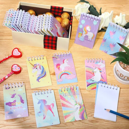 Vista 5 de 24 cuadernos de unicornio, recuerdos de unicornio, mini diario en espiral, bolsas de regalo, suministros para fiesta de cumpleaños en el aula