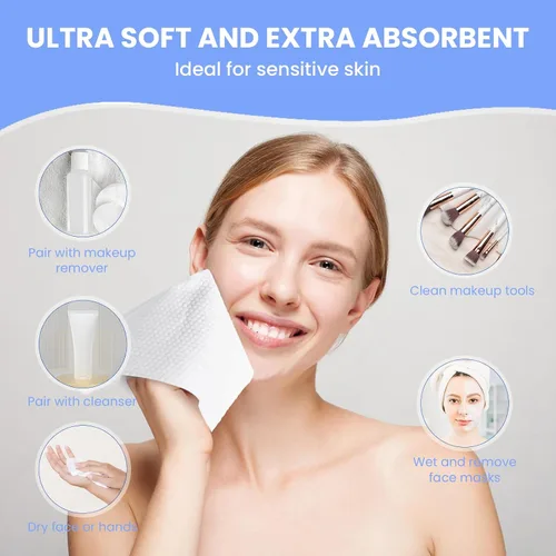 Vista 4 de 100 hojas de toallas de limpieza diaria ultra suaves y secas para pieles sensibles, paños faciales desechables 100% viscosa orgánica (paquete de 1)