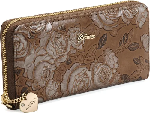 Vista 3 de ArtsEye Cartera larga con cremallera alrededor de cuero genuino en relieve rosa, Gris