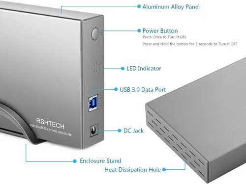 Vista 5 de Carcasa para disco duro RSHTECH USB 3.0 a SATA de aluminio para disco duro externo de 3.5 pulgadas HDD SSD hasta 16TB, soporte UASP (RSH-339) Caja