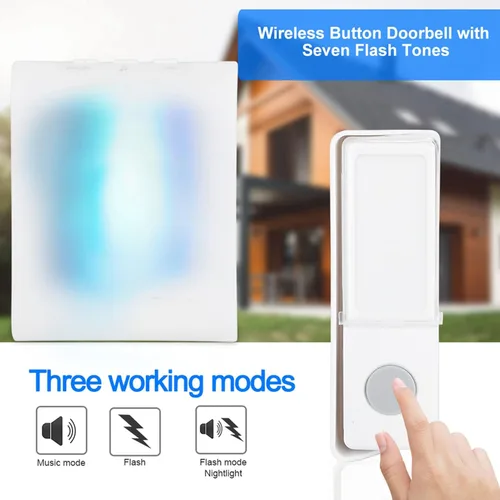 Vista 2 de Kit de timbre inalámbrico iluminado, campana de puerta de botón, rango de 657 pies, 5 niveles de volumen con 32 timbres de puerta y 7 tipos de flash
