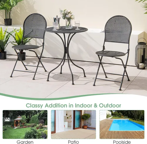 Vista 8 de Giantex Juego de mesa de comedor de 3 piezas, juego de mesa de comedor al aire libre para 2, 1 mesa redonda con 2 sillas plegables, resistente al