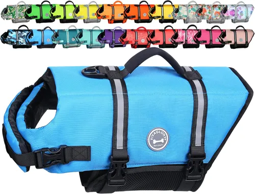 Vista 15 de VIVAGLORY Chaleco salvavidas para perros Rip Stop, chaleco de natación con asa, flotabilidad para perritos cachorros, chaleco salvavidas para perros