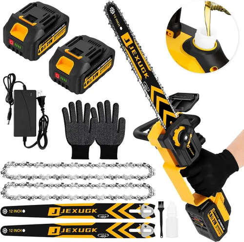 Vista 8 de JEXUGK Motosierra sin escobillas de 12 pulgadas, motosierra inalámbrica de 21V con 2 baterías de 4.0Ah, motosierra eléctrica de gasolina recargable